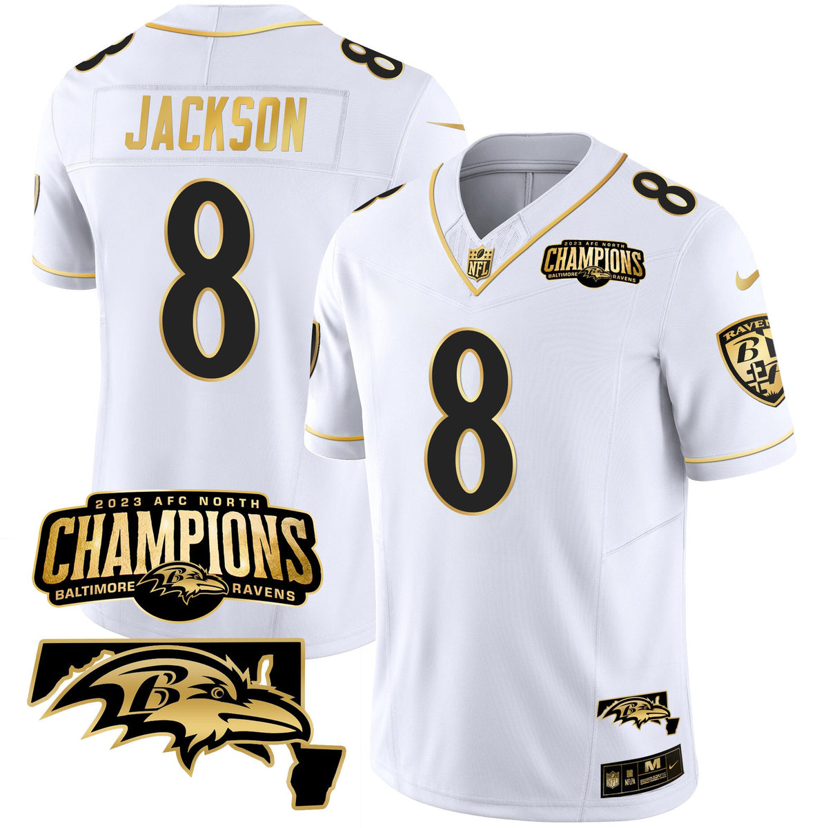 Men's Ravens 2023 AFC North Champions & Maryland Patch Gold Vapor Jersey - All Stitched - White Gold - Lamar Jackson — view 1