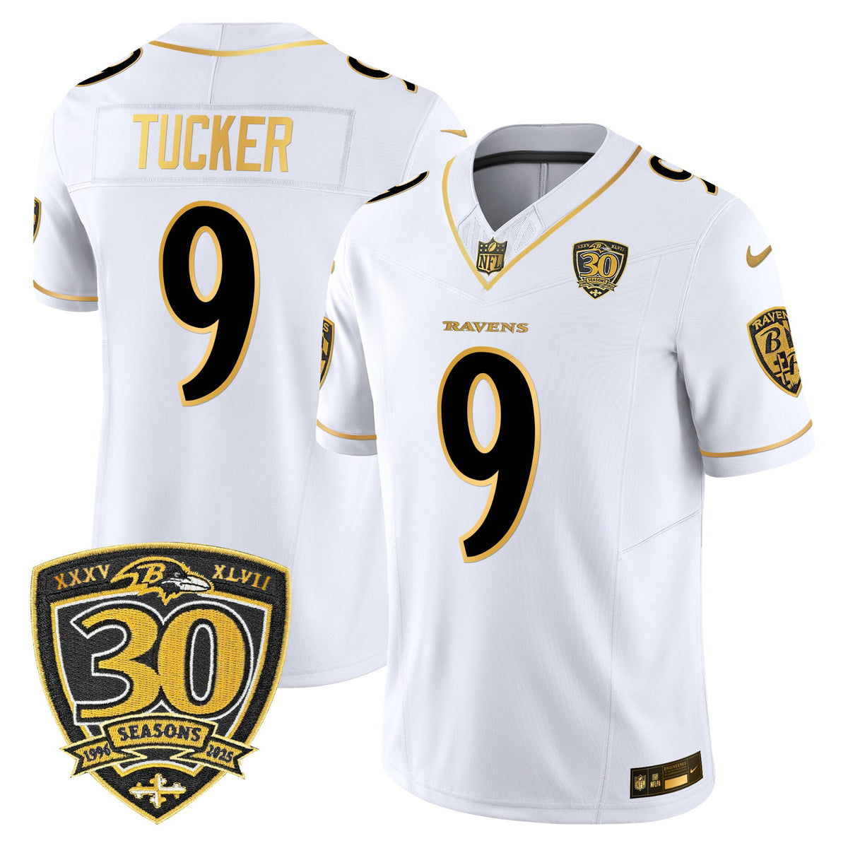 Men's Baltimore Ravens 2025 Gold Vapor Limited Jersey - 30th Anniversary Patch - All Stitched - White Gold - Justin Tucker — view 1