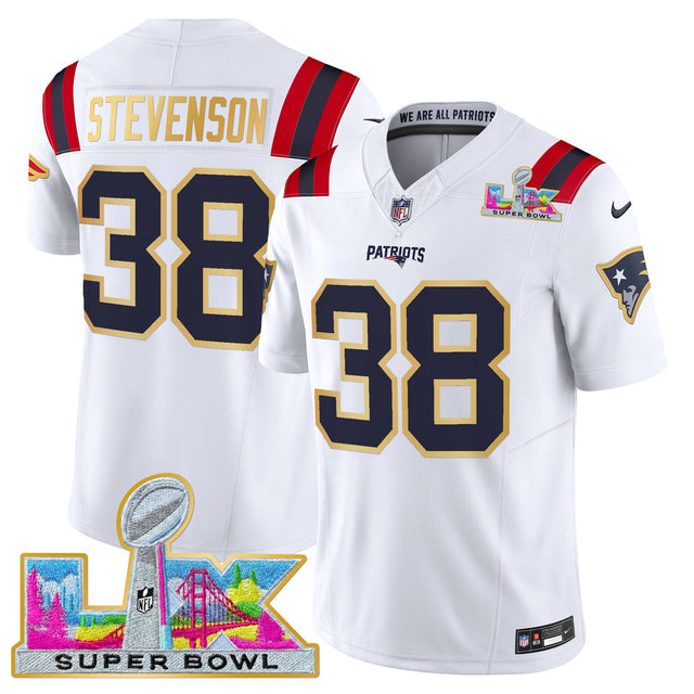 Men's New England Patriots Super Bowl LX Gold Trim Vapor Limited Jersey - All Stitched - White - Rhamondre Stevenson — view 1