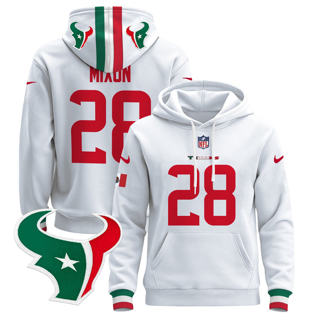 Men's Houston Texans Mexico 2024 Pullover Hoodie - All Stitched - White - Joe Mixon — view 1