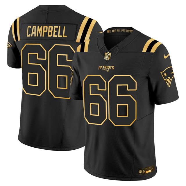 Men's New England Patriots 2025 Gold Vapor Limited Jersey - All Stitched - Black Gold - Will Campbell — view 1