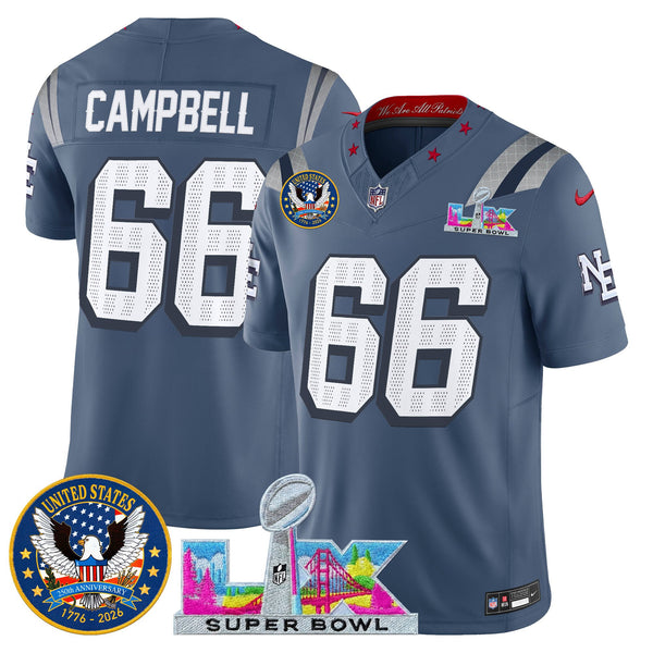 Men's New England Patriots Super Bowl LX & United States 250th Patch Vapor Limited Jersey - All Stitched - Storm Blue - Will Campbell — view 1
