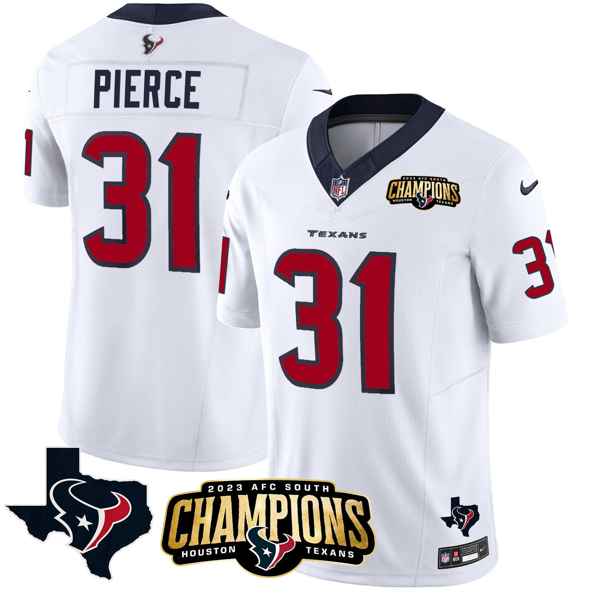 Men's Houston Texans 2023 AFC South Champions Patch Vapor Jersey - All Stitched - White - Dameon Pierce — view 1