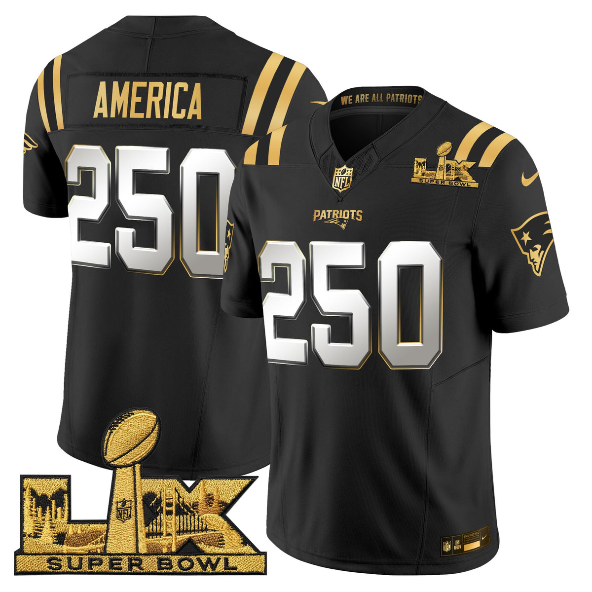 Men's New England Patriots Super Bowl LX Gold Vapor Limited Jersey - All Stitched - Black Limited - #250 America — view 1