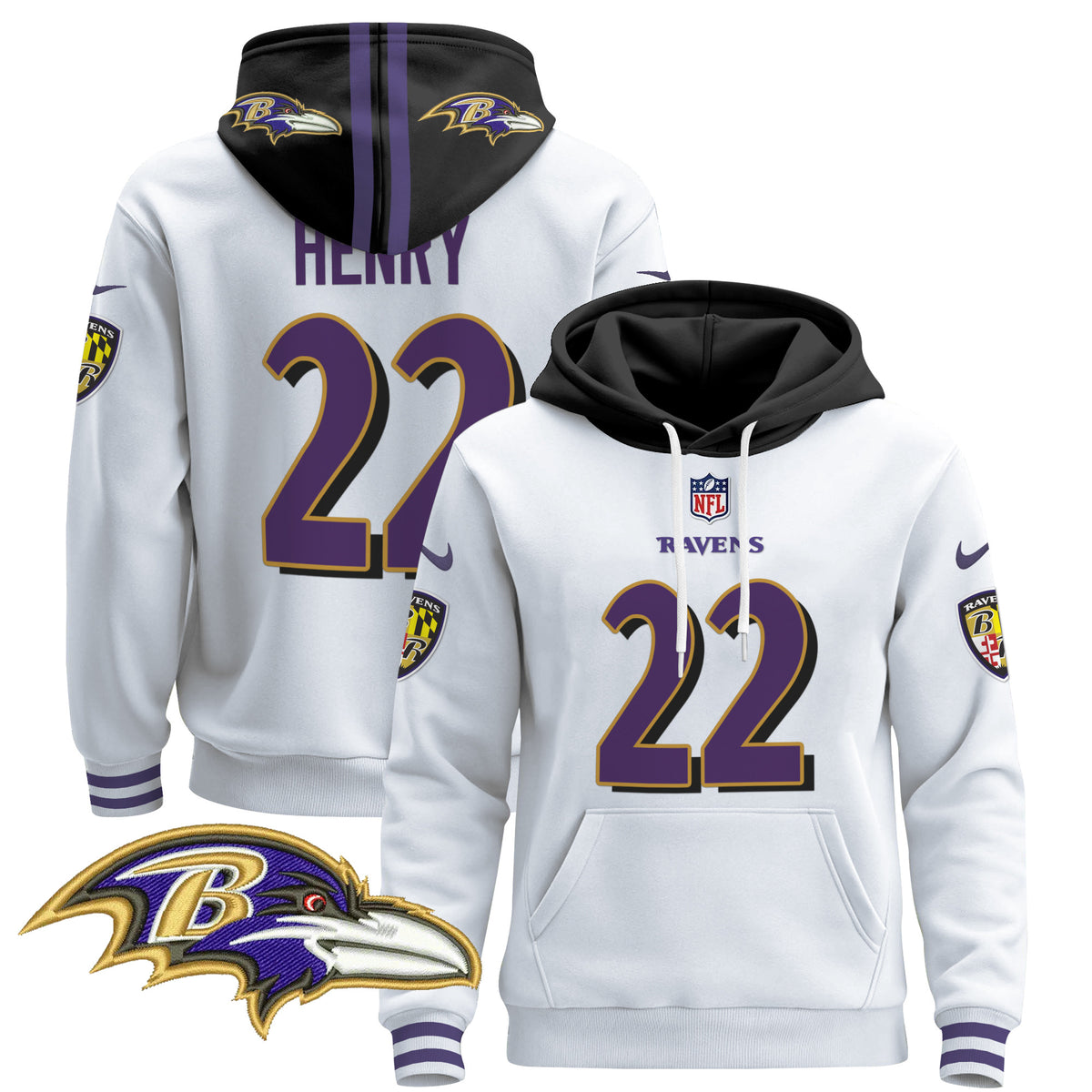 Men's Baltimore Ravens 2024 Pullover Hoodie V4 - All Stitched - White - Derrick Henry — view 1