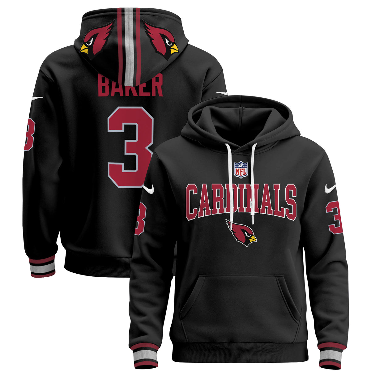 Men's Arizona Cardinals 2024 Pullover Hoodie V2 - All Stitched - Black - Budda Baker — view 1