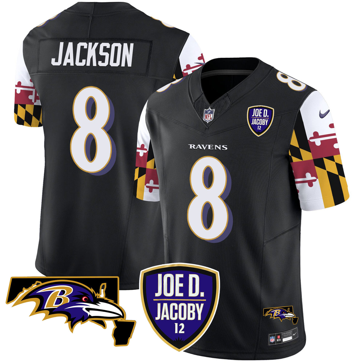 Men's Ravens Joe D & Jacoby Patch Vapor Limited Jersey V2 - All Stitched - Black - Lamar Jackson — view 1