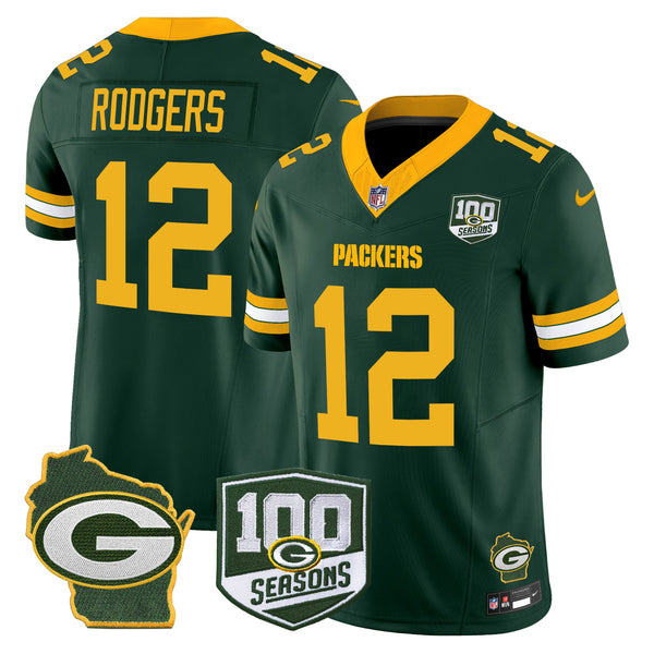 Men's Green Bay Packers 100th Season & Home Patch Vapor Limited Jersey - All Stitched - Green - Aaron Rodgers — view 1