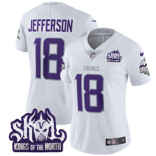 Women's Minnesota Vikings 2024 Winter Warrior Skol Patch Vapor Limited Jersey - All Stitched - White Limited - Justin Jefferson — view 1