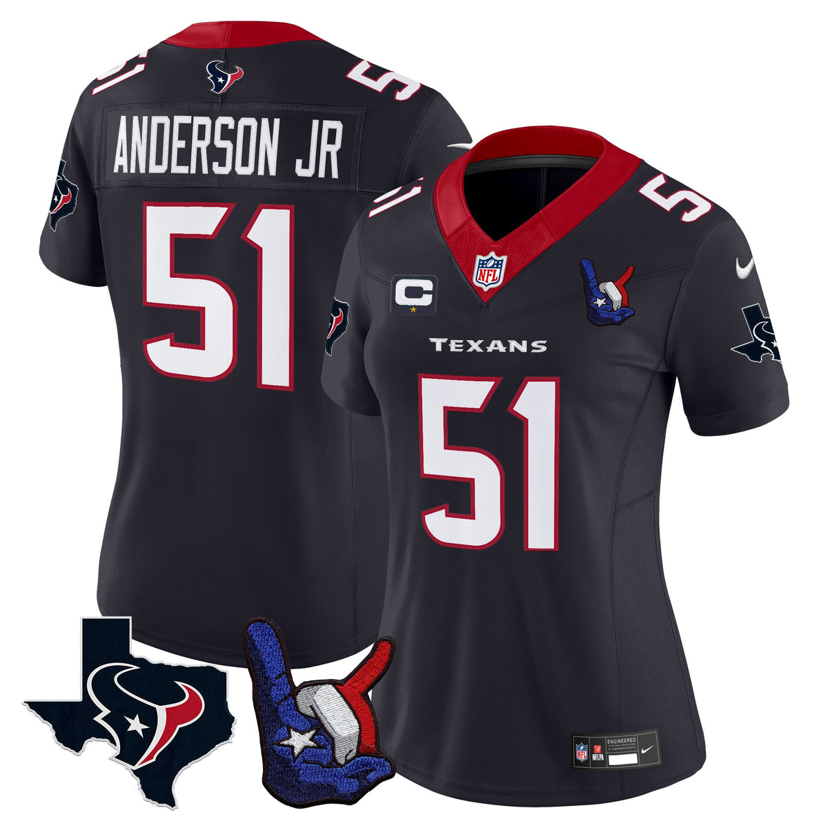 Women's Houston Texans Hand Sign Throwing Up The H Vapor Jersey - All Stitched - Navy - Will Anderson Jr — view 1