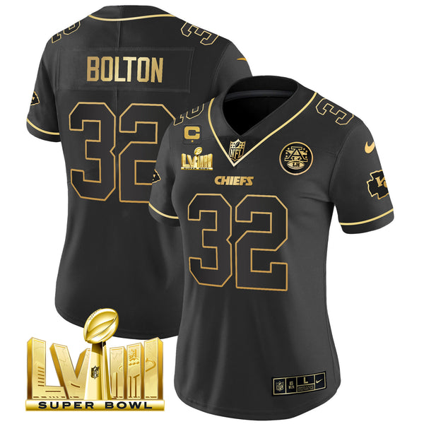 Women's Chiefs Super Bowl LVIII Gold Patch Vapor Jersey V4 - All Stitched - Black Gold - Nick Bolton — view 1