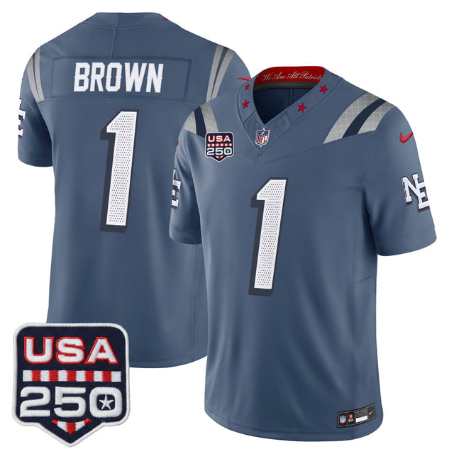 A.J. Brown New England Patriots Jersey Collection - All Stitched - Storm Blue — view 1