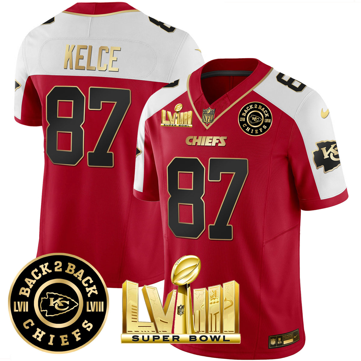 Men's Chiefs Super Bowl LVIII & Back 2 Back Patch Vapor Jersey V3 - All Stitched - Red Alternate - Travis Kelce — view 1