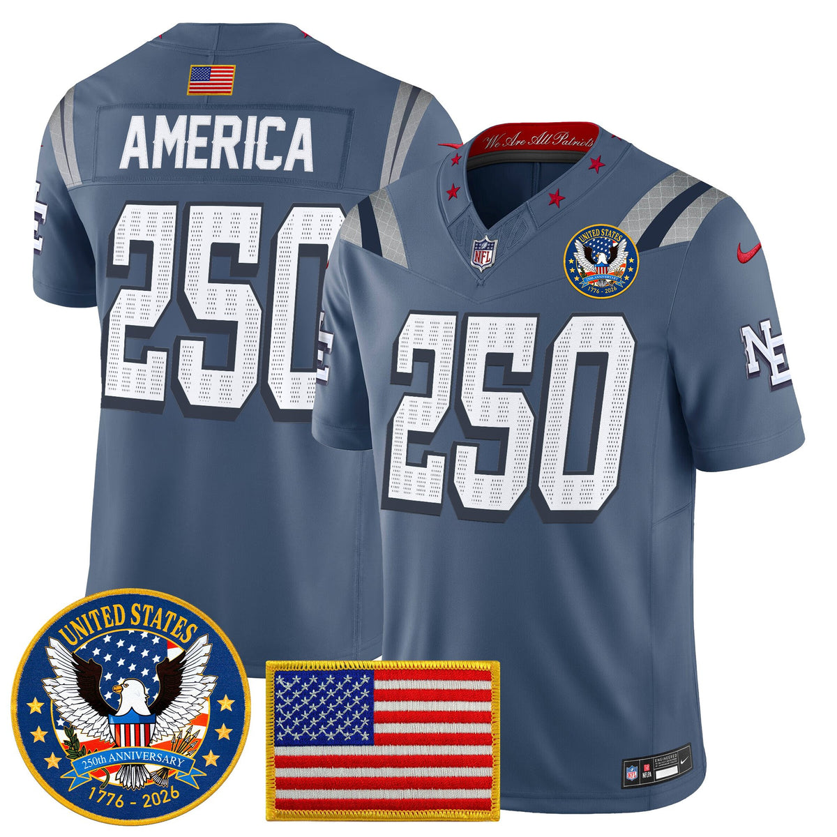 Men's New England Patriots United States 250th Anniversary Patch Vapor Limited Jersey - All Stitched - Storm Blue - #250 America — view 1