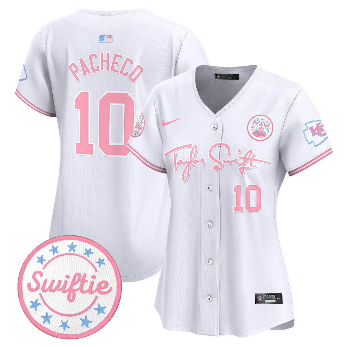 Women's Chiefs Taylor Swift Bubblegum Pink Vapor Premier Limited Jersey - All Stitched - White - Isiah Pacheco — view 1
