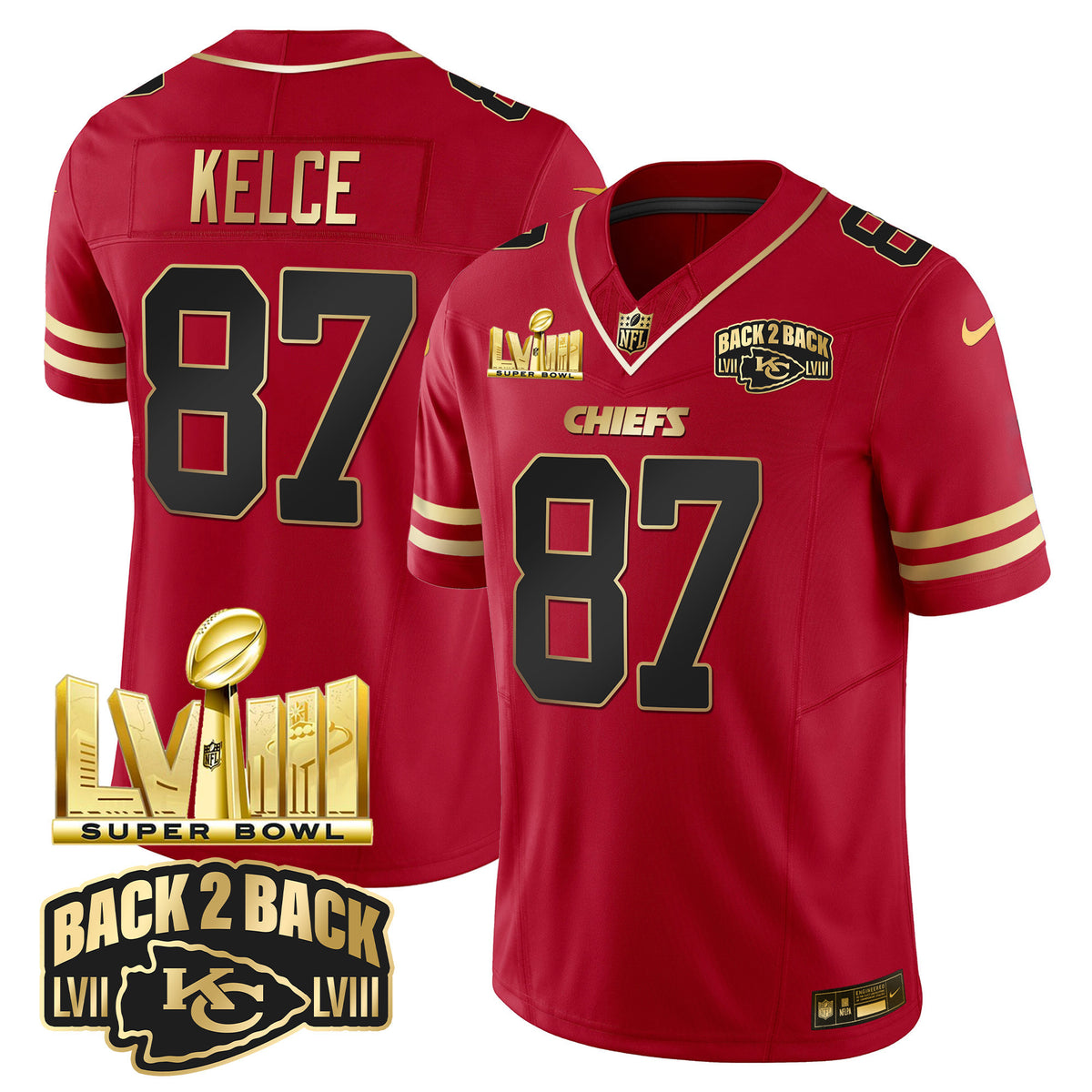 Men's Chiefs Super Bowl LVIII & Back 2 Back Gold Patch Vapor Jersey - All Stitched - Black Red - Travis Kelce — view 1