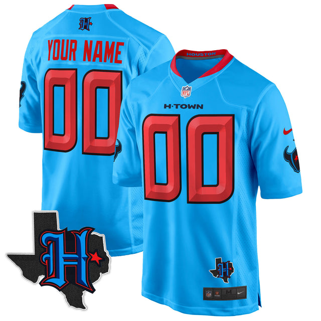 Houston Texans 2024 Texas Patch Game Custom Jersey - All Stitched - Blue — view 1