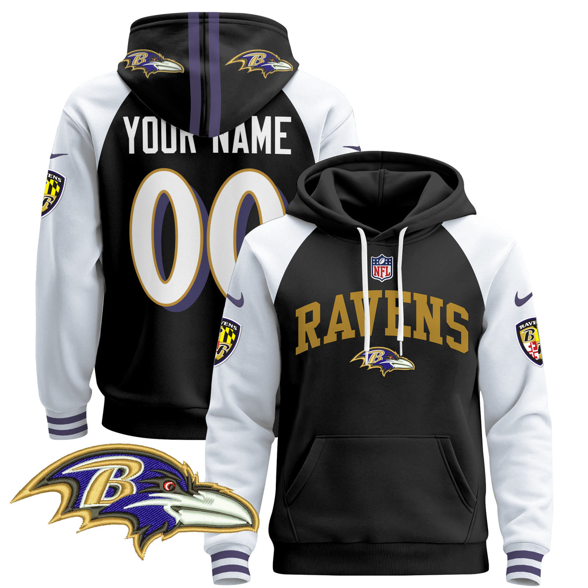 Baltimore Ravens 2024 Custom Pullover Hoodie V2 - All Stitched - Black Alternate — view 1