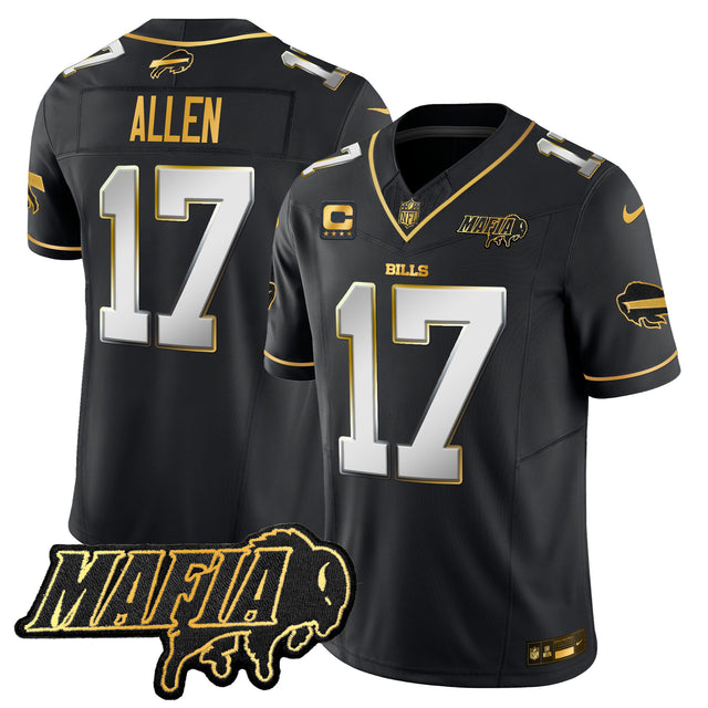 Men's Buffalo Bills 2025 Bills Mafia Patch Gold Vapor Limited Jersey - All Stitched - Black Limited - Josh Allen — view 1