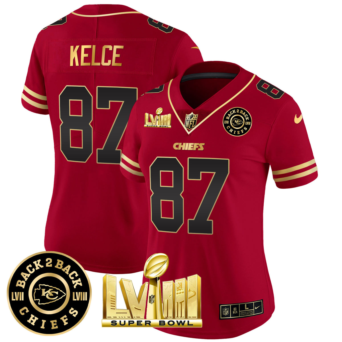 Women's Chiefs Super Bowl LVIII & Back 2 Back Patch Vapor Jersey V3 - All Stitched - Black Red - Travis Kelce — view 1