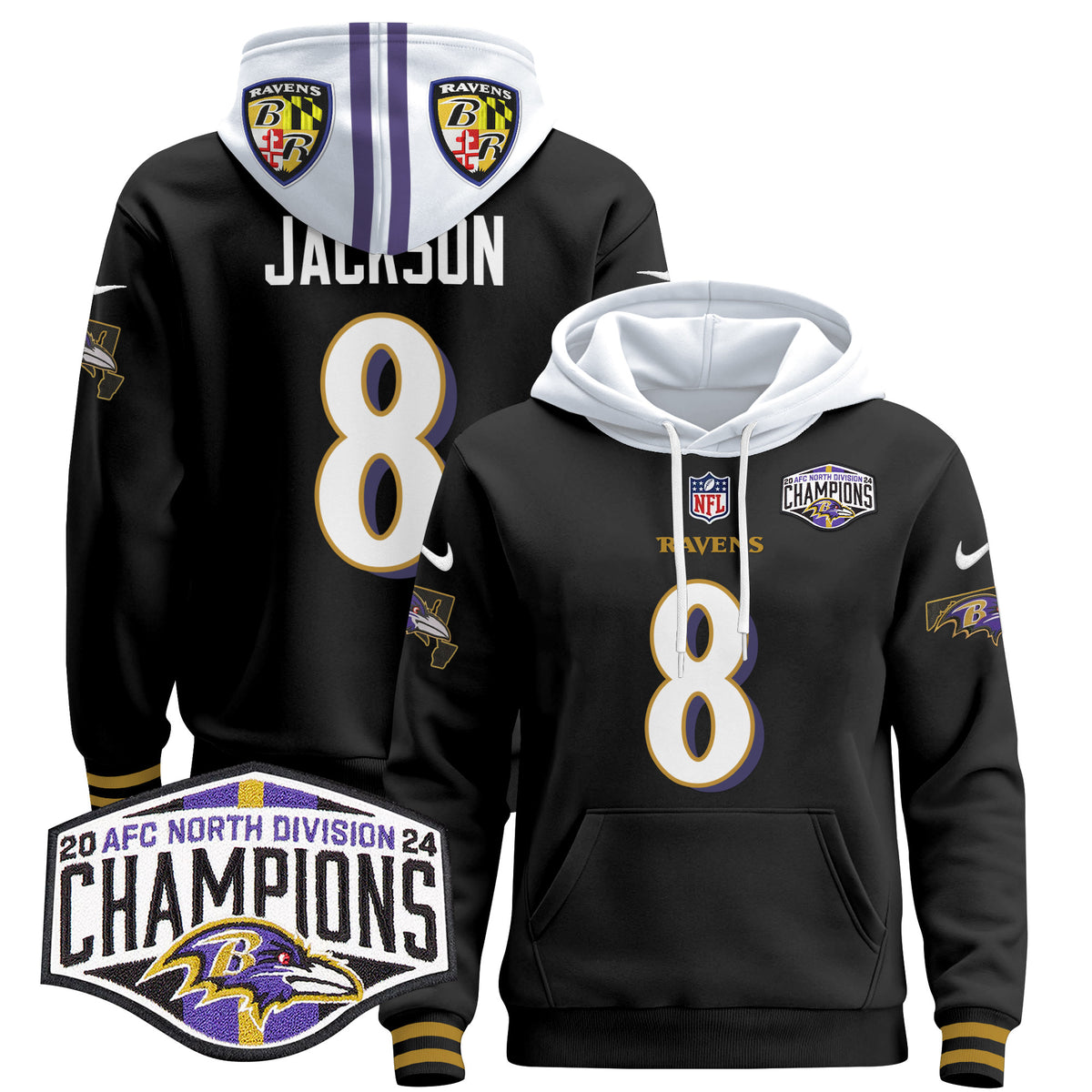 Men's Baltimore Ravens 2024 AFC North Division Champions Patch Pullover Hoodie V2 - All Stitched - Black - Lamar Jackson — view 1