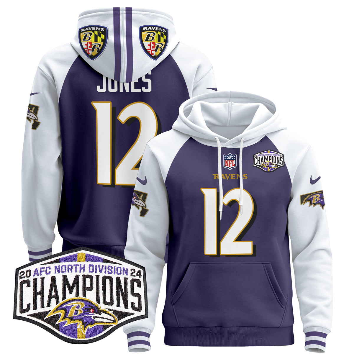 Men's Baltimore Ravens 2024 AFC North Division Champions Patch Pullover Hoodie V2 - All Stitched - Purple Alternate - Jacoby Jones — view 1