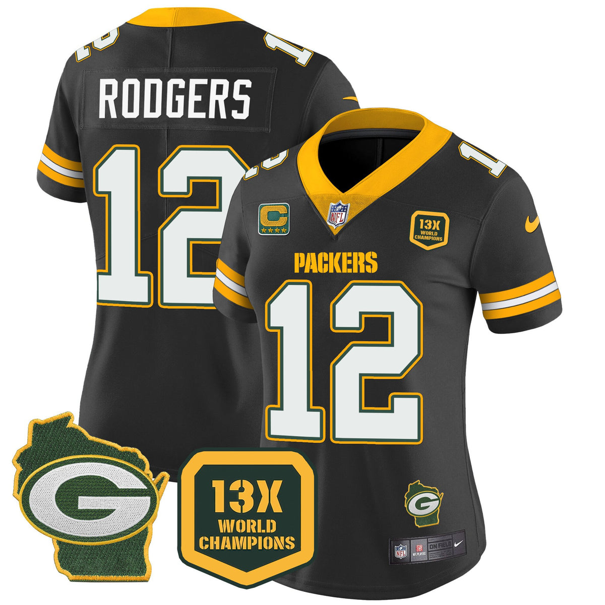 Women's Packers 13 Time World Champions & Home Patch Vapor Jersey – All Stitched - Black - Aaron Rodgers — view 1