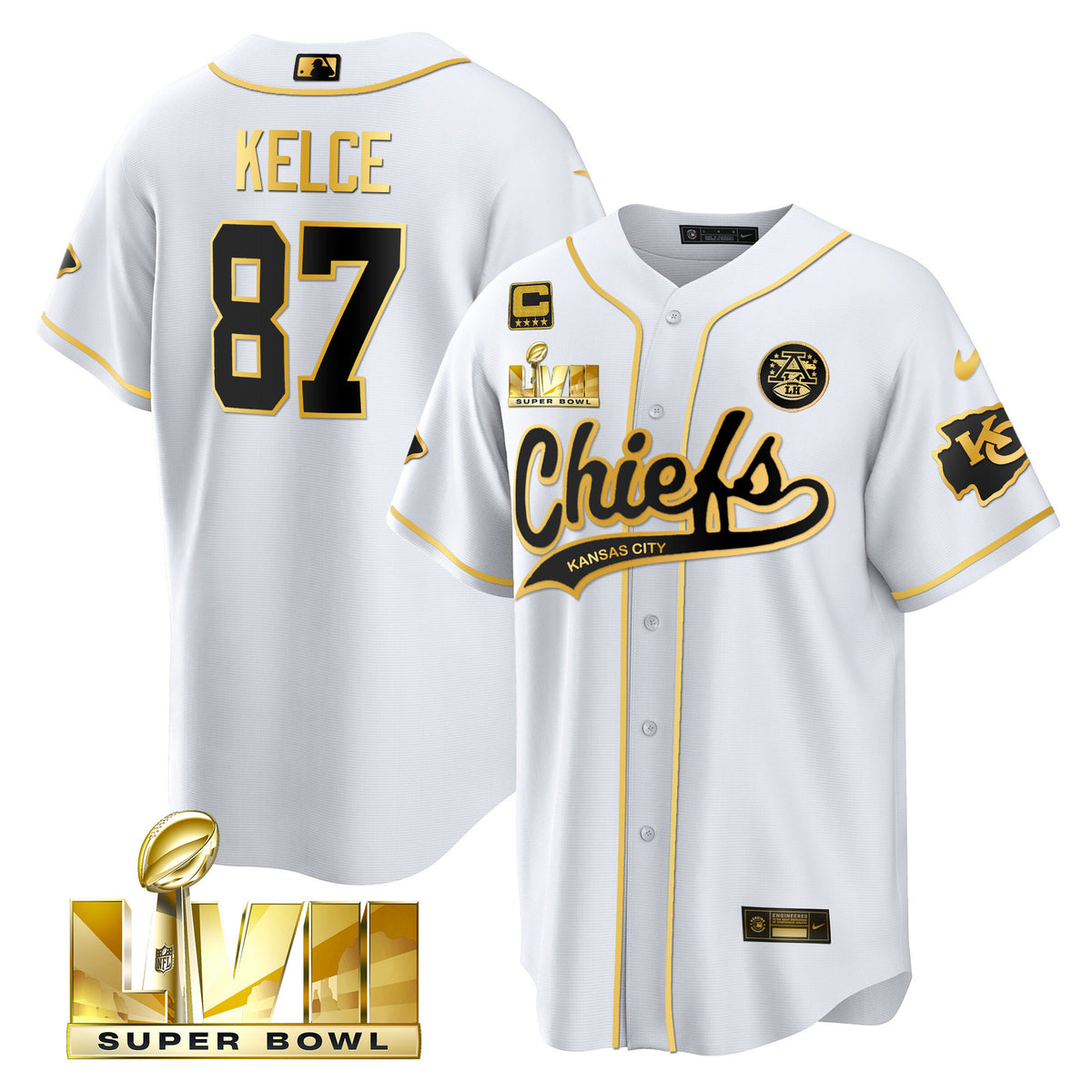Men's Chiefs Super Bowl LVII Cool Base Jersey V2 - All Stitched - White Gold - Travis Kelce — view 1