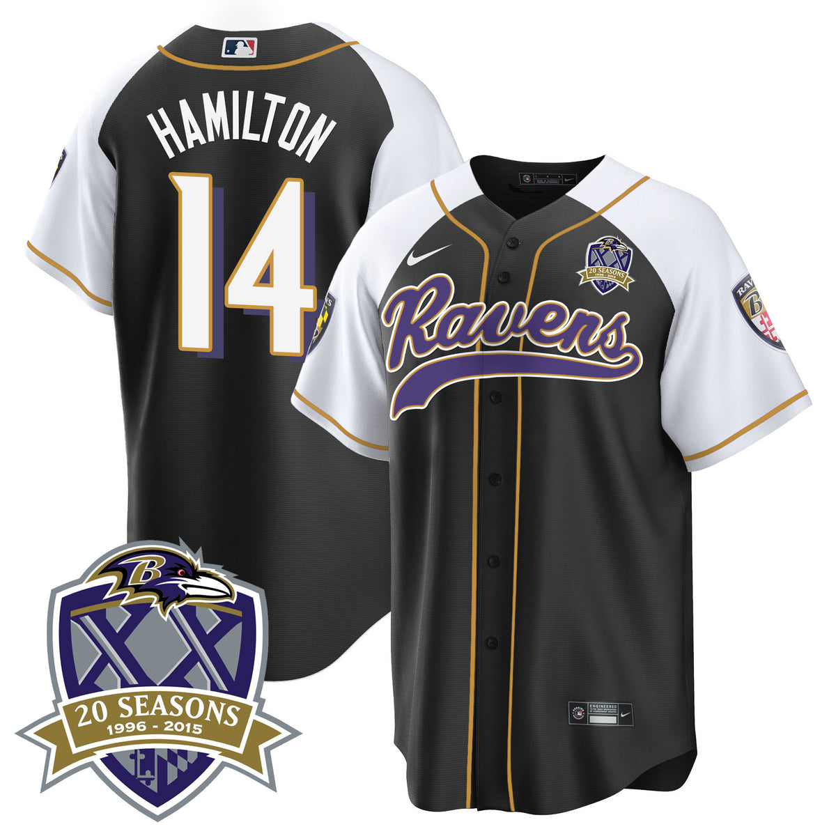 Men's Ravens 20th Season Patch Baseball Jersey - All Stitched - Black Alternate - Kyle Hamilton — view 1