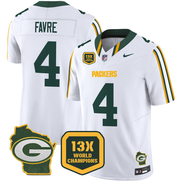 Men's Packers 13 Time World Champions & Home Patch Vapor Limited Jersey – All Stitched - White - Brett Favre — view 1