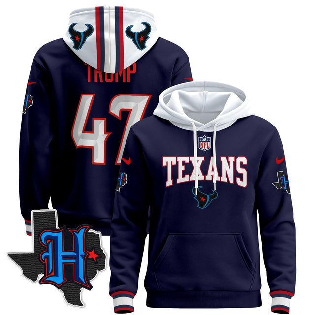 Men's Houston Texans 2024 Pullover Hoodie V3 - All Stitched - Navy - Donald Trump — view 1