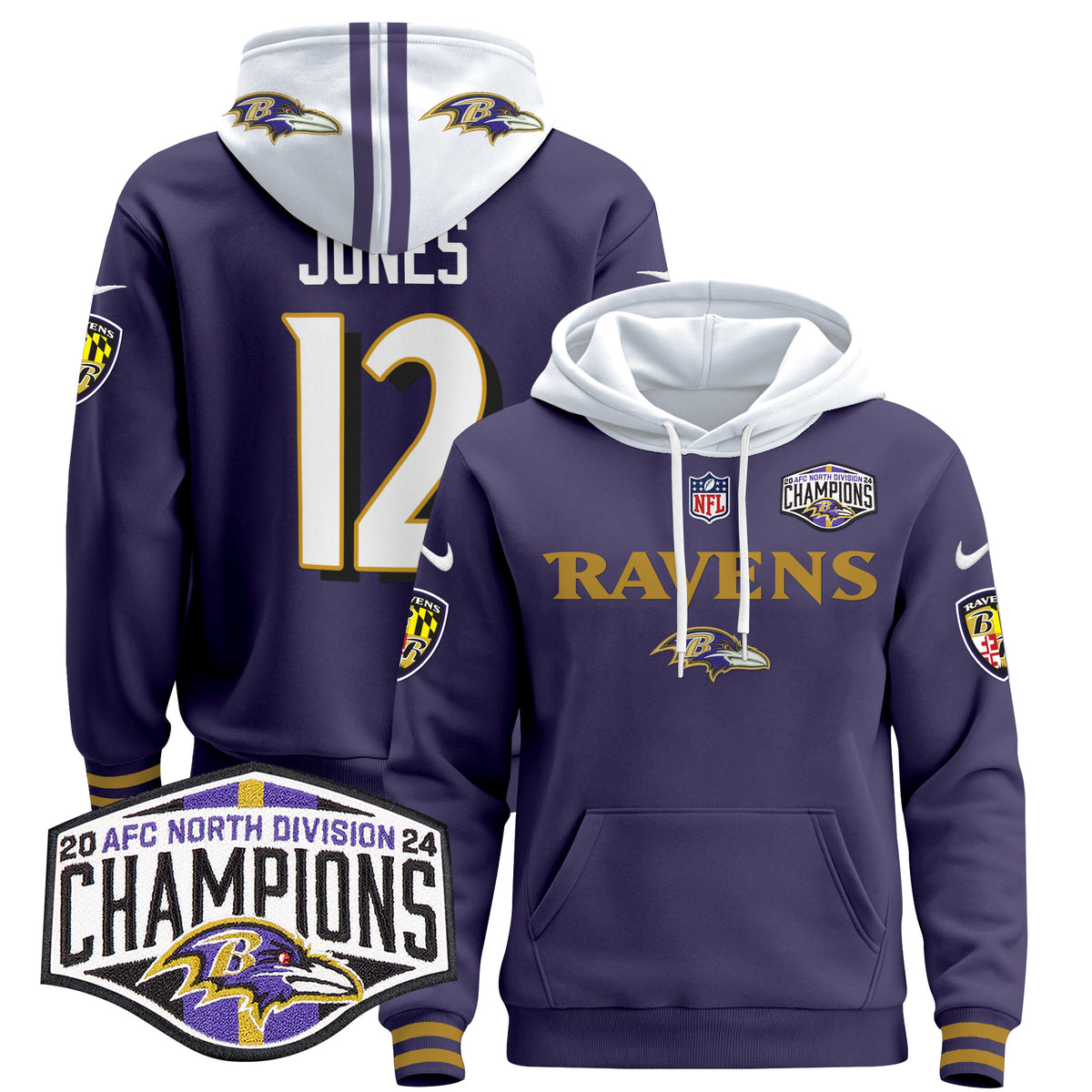Men's Baltimore Ravens 2024 AFC North Division Champions Patch Pullover Hoodie - All Stitched - Purple - Jacoby Jones — view 1