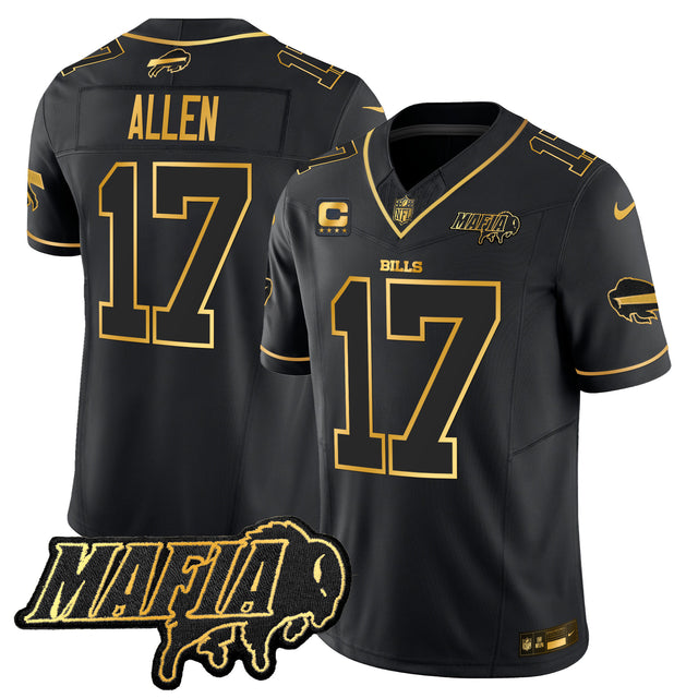 Men's Buffalo Bills 2025 Bills Mafia Patch Gold Vapor Limited Jersey - All Stitched - Black Gold - Josh Allen — view 1