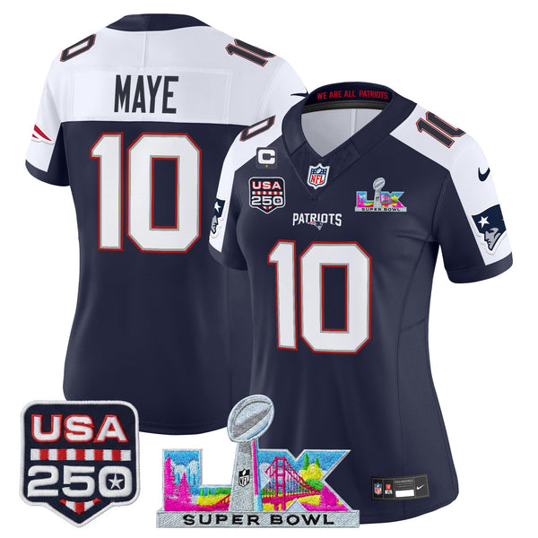 Women's New England Patriots Super Bowl LX & United States 250th Anniversary Patch Vapor Limited Jersey - All Stitched - Navy Alternate - Drake Maye — view 1