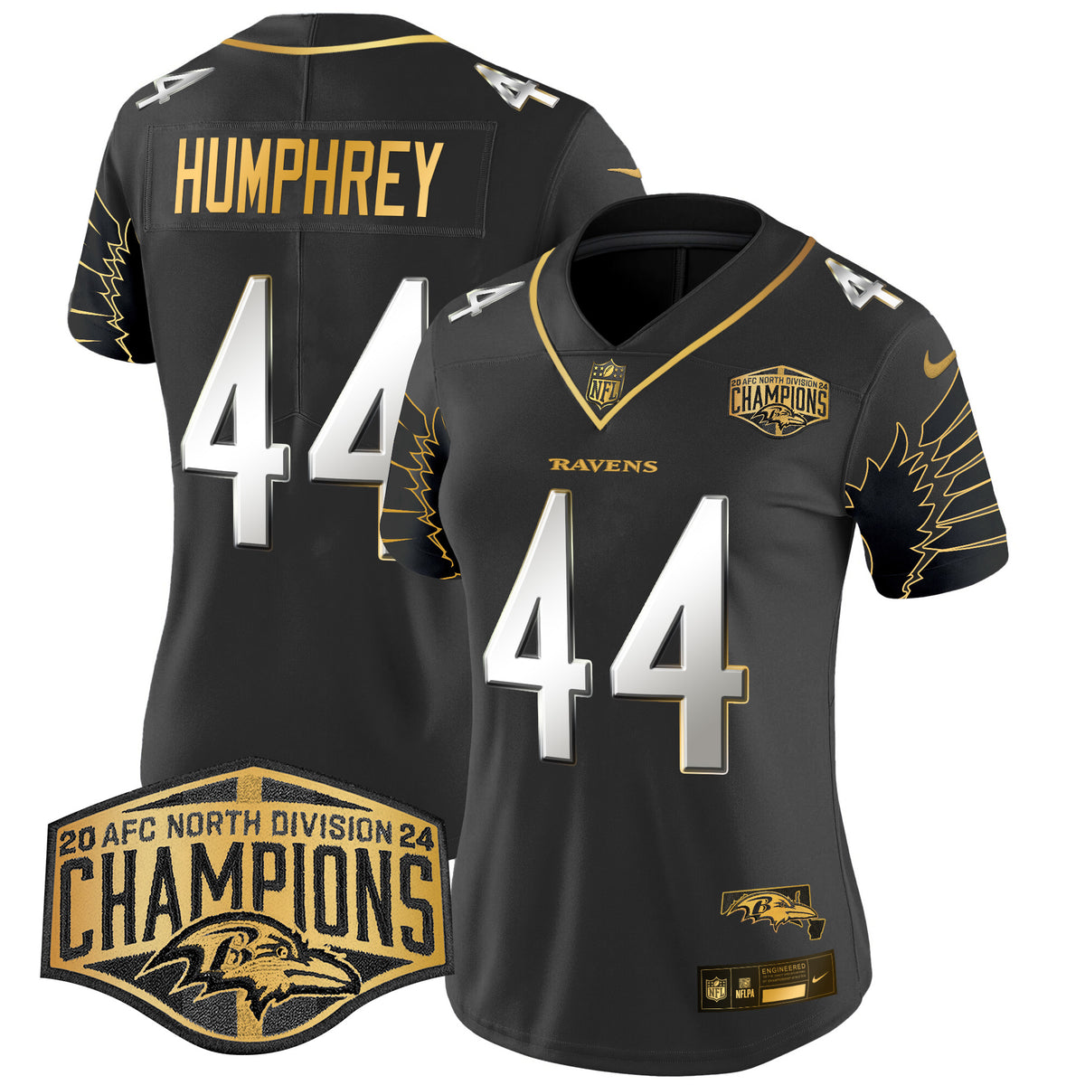 Women's Ravens Maryland 2024 AFC North Division Champions Patch Gold Vapor Limited Jersey - All Stitched - Black Limited - Marlon Humphrey — view 1