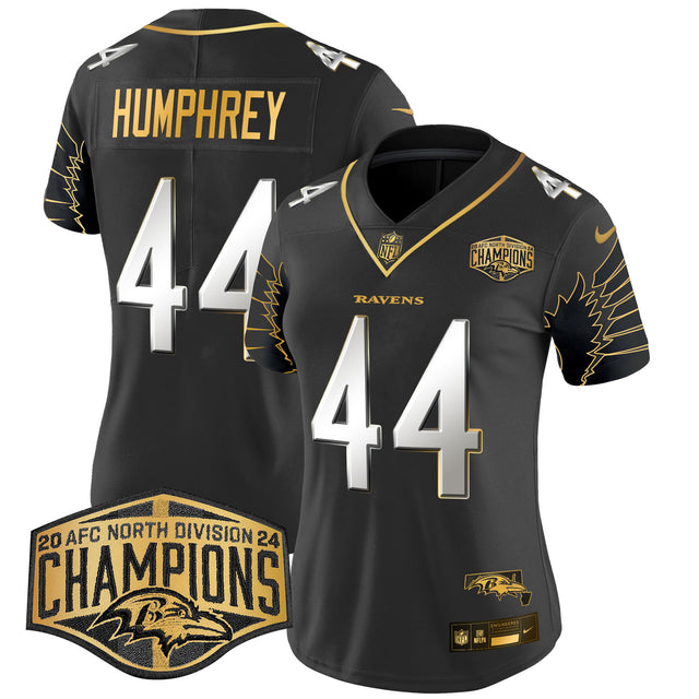 Women's Ravens Maryland 2024 AFC North Division Champions Patch Gold Vapor Limited Jersey - All Stitched - Black Limited - Marlon Humphrey — view 1
