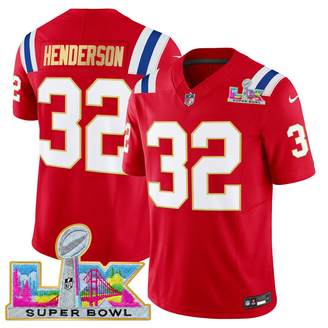 Men's New England Patriots Super Bowl LX Gold Trim Vapor Limited Jersey - All Stitched - Red - TreVeyon Henderson — view 1