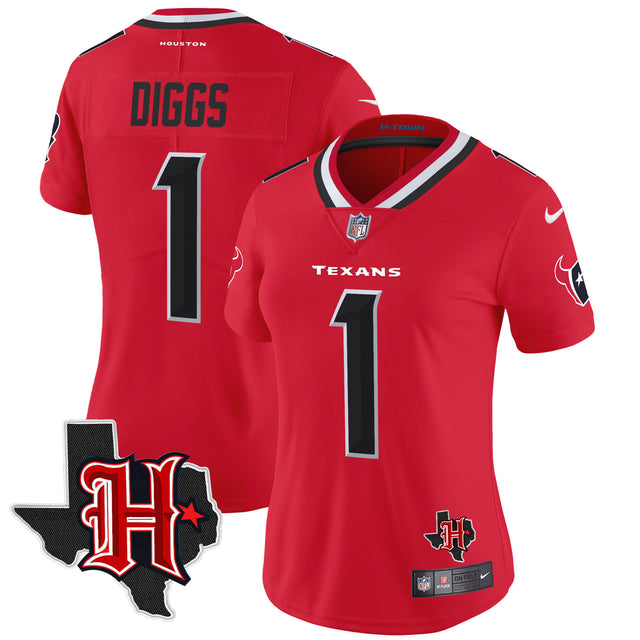 Women's Houston Texans 2024 Texas Patch Vapor Limited Jersey V5 - All Stitched - Red - Stefon Diggs — view 1
