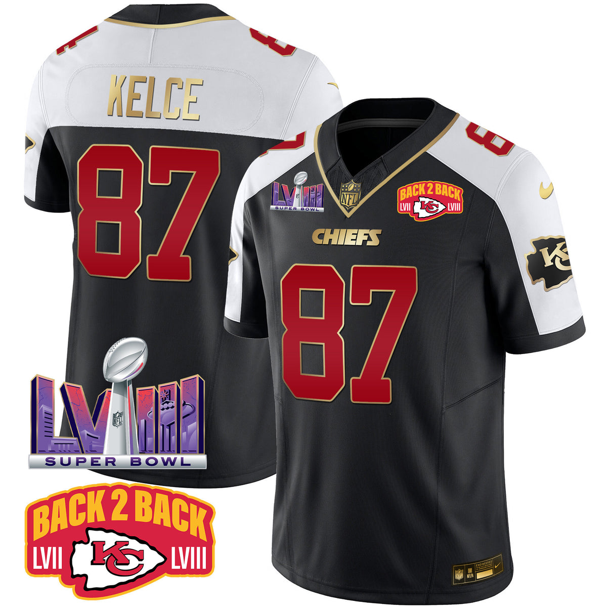 Men's Chiefs Super Bowl LVIII & Back 2 Back Patch Vapor Jersey - All Stitched - Black Alternate - Travis Kelce — view 1
