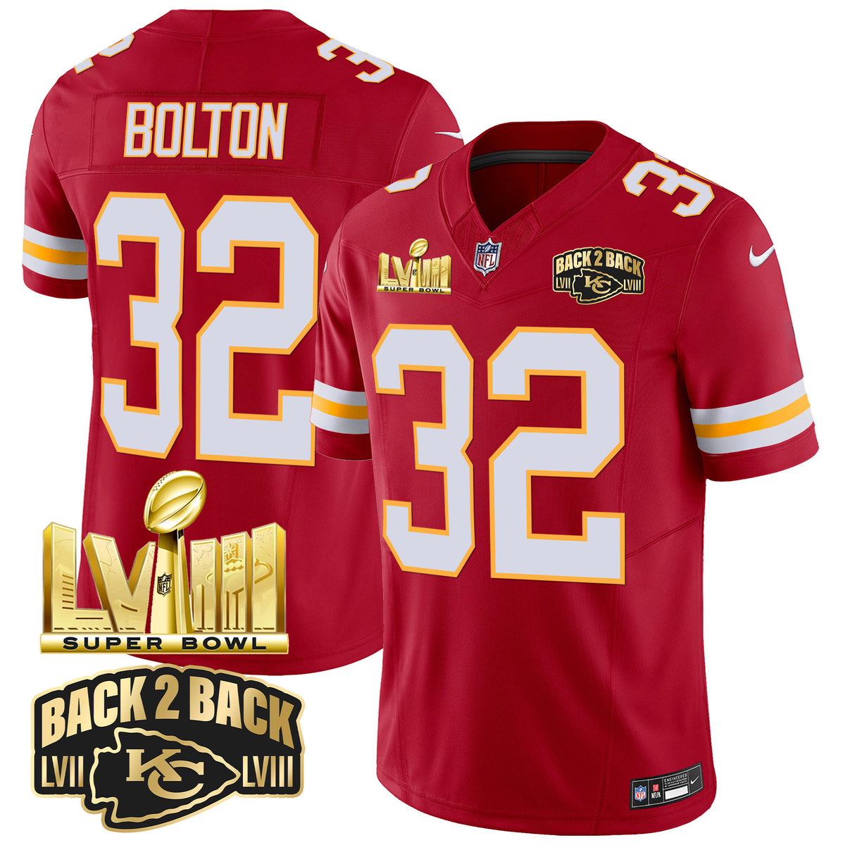 Men's Chiefs Super Bowl LVIII & Back 2 Back Gold Patch Vapor Jersey - All Stitched - Red - Nick Bolton — view 1