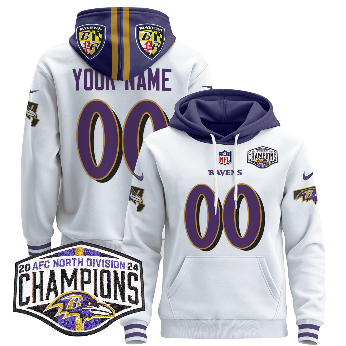 Baltimore Ravens 2024 AFC North Division Champions Patch Custom Pullover Hoodie V2 - All Stitched - White — view 1