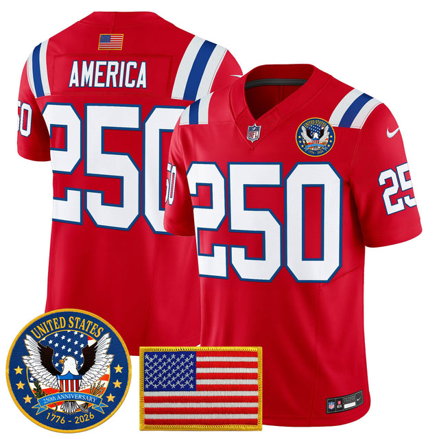 Men's New England Patriots United States 250th Anniversary Patch Vapor Limited Jersey - All Stitched - Red - #250 America — view 1