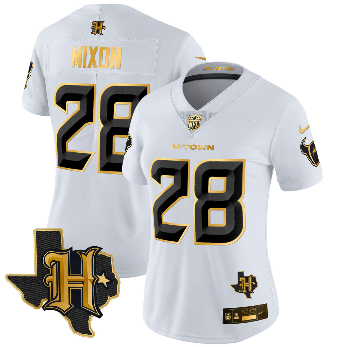 Women's Houston Texans 2024 Texas Patch Gold Vapor Limited Jersey - All Stitched - White Gold - Joe Mixon — view 1
