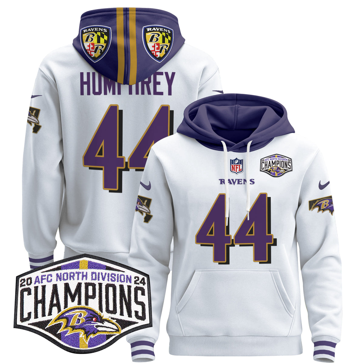 Men's Baltimore Ravens 2024 AFC North Division Champions Patch Pullover Hoodie V2 - All Stitched - White - Marlon Humphrey — view 1