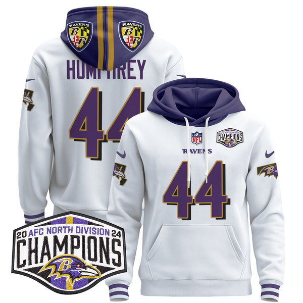 Men's Baltimore Ravens 2024 AFC North Division Champions Patch Pullover Hoodie V2 - All Stitched - White - Marlon Humphrey — view 1
