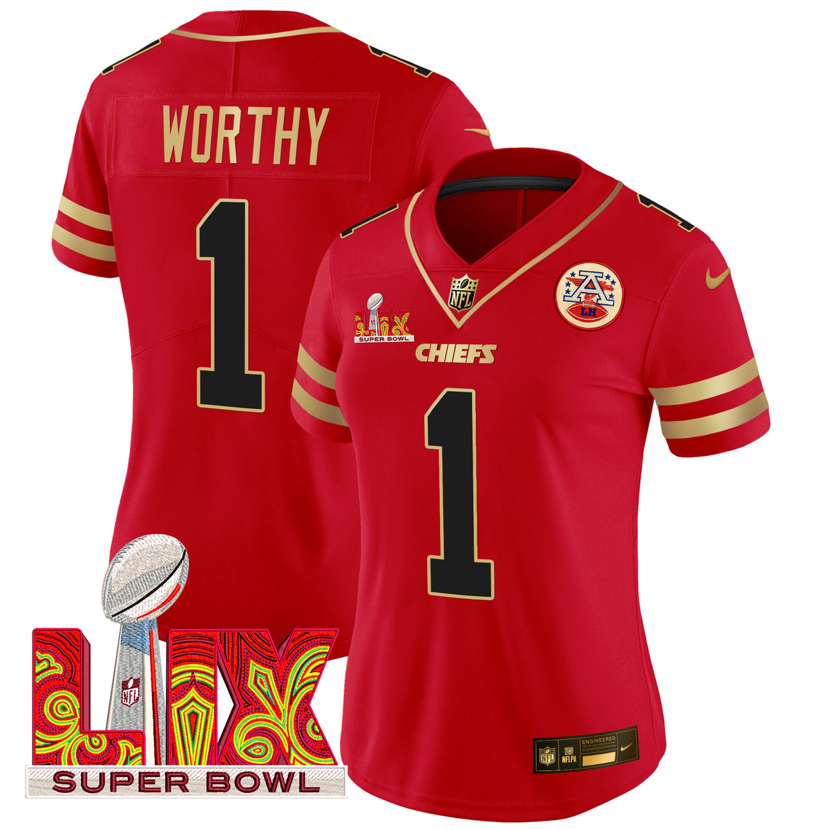 Women's Chiefs Super Bowl LIX Patch Gold Trim Vapor Limited Jersey - All Stitched - Red - Xavier Worthy — view 1