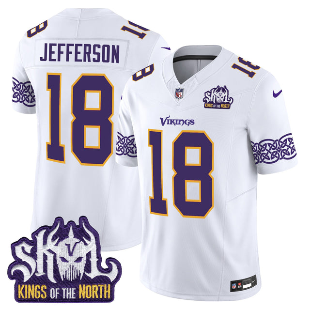 Men's Minnesota Vikings King Of The North Patch Throwback Vapor Limited Jersey V2 - All Stitched - White - Justin Jefferson — view 1