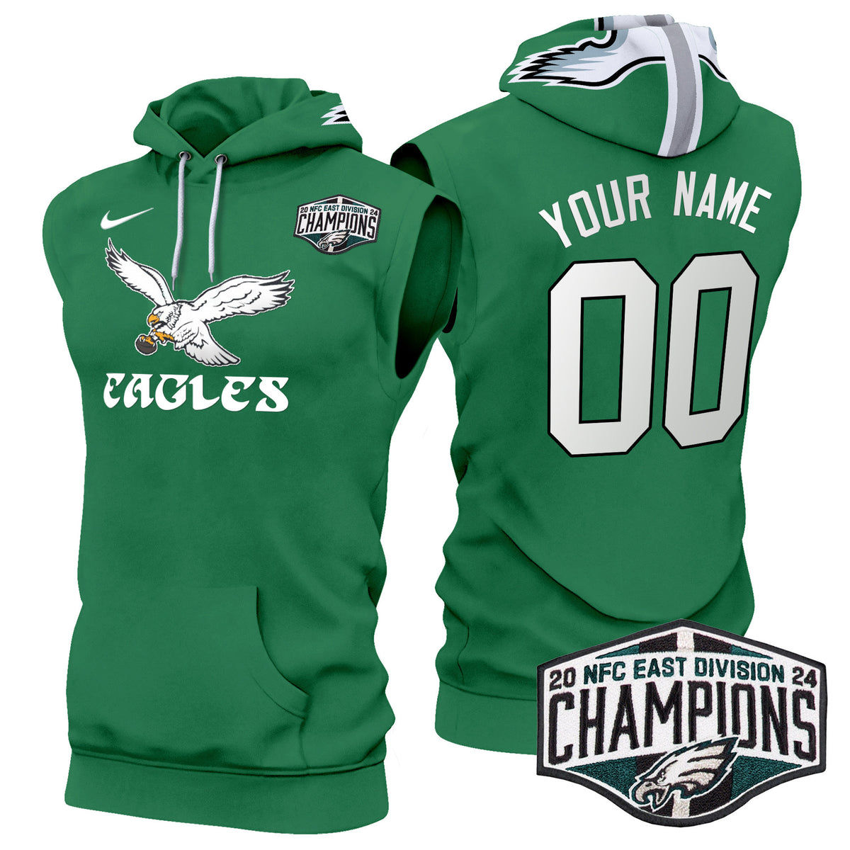 Eagles Kelly Green 2024 NFC East Division Champions Custom Sleeveless Hoodie V2 - All Stitched - Kelly Green — view 1