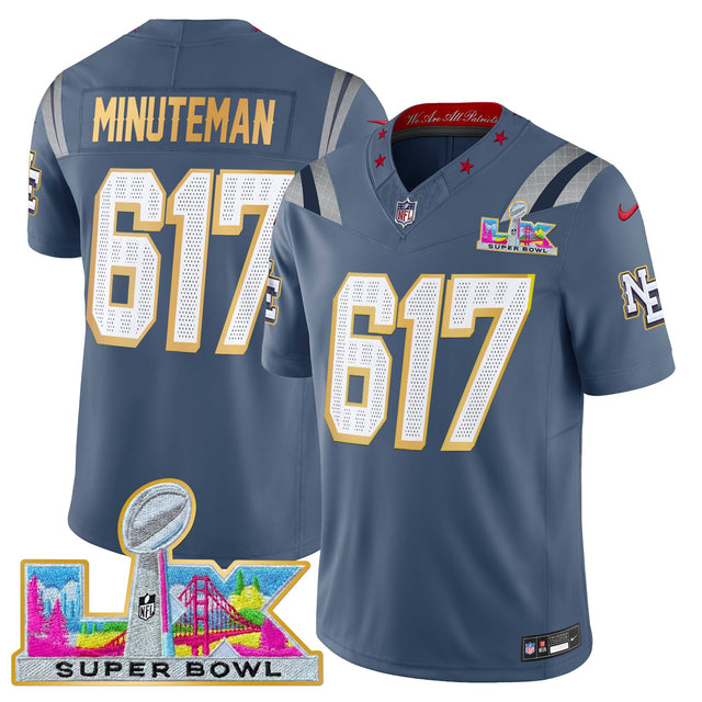Men's New England Patriots Super Bowl LX Gold Trim Vapor Limited Jersey - All Stitched - Storm Blue - Minuteman 617 — view 1