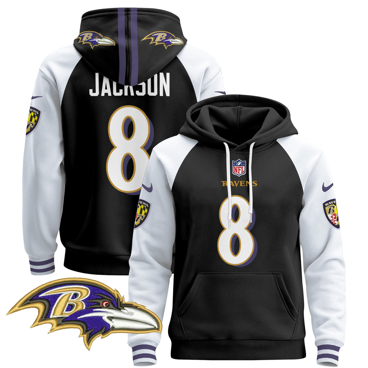 Men's Baltimore Ravens 2024 Pullover Hoodie V4 - All Stitched - Black Alternate - Lamar Jackson — view 1